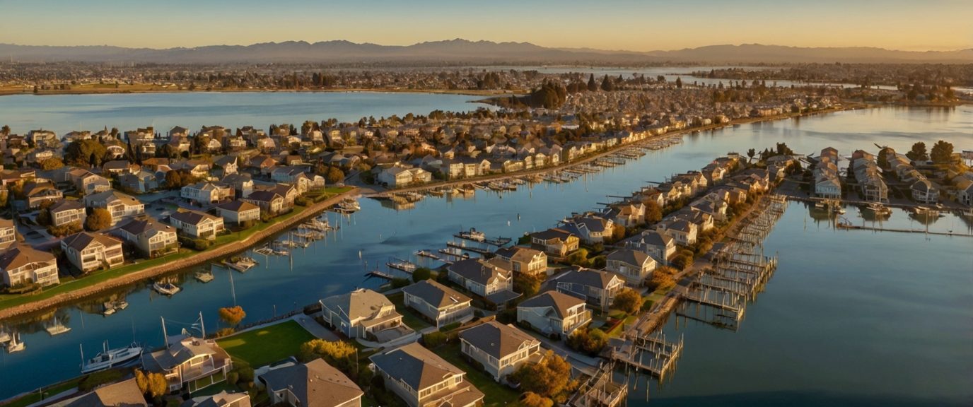 Aerial view of Foster City waterfront neighborhoods and the San Mateo Peninsula