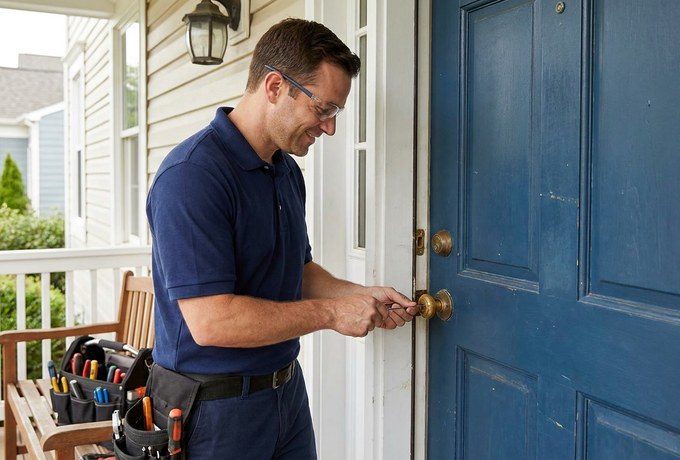 Locksmith working a front door deadbolt at a Foster City home